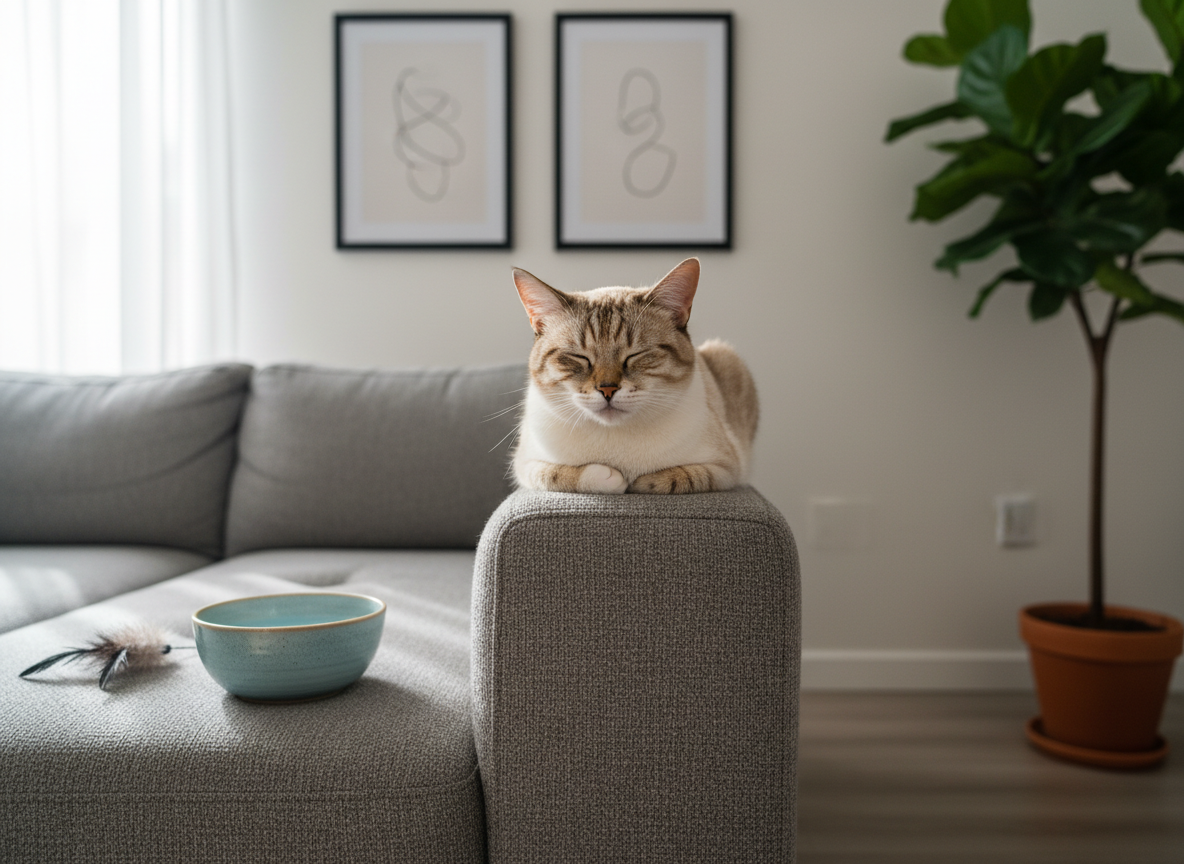 A relaxed domestic short-haired tabby cat with soft striped fur lounging on the back of a contemporary gray fabric sofa, front paws tucked neatly under its chest. Nearby sits a ceramic bowl of fresh water and a small, feathered toy left mid-play on the cushion. The living room is tidy, with a few framed minimalist prints on a pale wall and a leafy indoor plant in the corner. Gentle morning light filters through a sheer curtain, casting soft, diffused illumination and subtle shadows. Photographic realism, captured at cat eye level with a shallow depth of field, emphasizes comfort, calm, and the reassuring feel of professional, respectful in-home cat care.