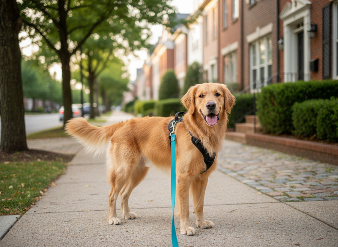 A well-groomed golden retriever standing on a leafy neighborhood sidewalk, secured with a bright teal nylon leash clipped to a sturdy harness. The dog’s fur looks soft and slightly ruffled by a light breeze, tongue relaxed and tail gently curved. Around the dog, neat brick townhomes, trimmed hedges, and a clearly visible front walkway suggest a safe, residential community. Soft late-afternoon natural light creates warm highlights on the dog’s coat and long shadows along the path. Photographic realism with an eye-level composition and shallow depth of field keeps the dog in crisp focus while the background gently blurs, conveying a calm, trustworthy, professional dog walking service atmosphere.