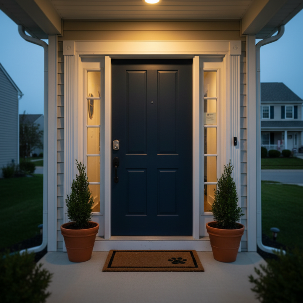 A tidy front porch of a suburban home at dusk, featuring a securely closed navy-blue front door with a modern handle, a small welcome mat with a subtle paw-print motif, and a discreet note card neatly tucked near the doorframe. A pair of potted evergreens flanks the entrance, and a lit motion-sensor porch light casts a soft, warm cone of light across the mat and door, leaving the surrounding yard slightly darker. Photographic realism with a straight-on, centered composition and moderate depth of field emphasizes the door and entryway, conveying the feeling of careful, respectful vacation home checks and a reassuring, professional presence while homeowners are away.