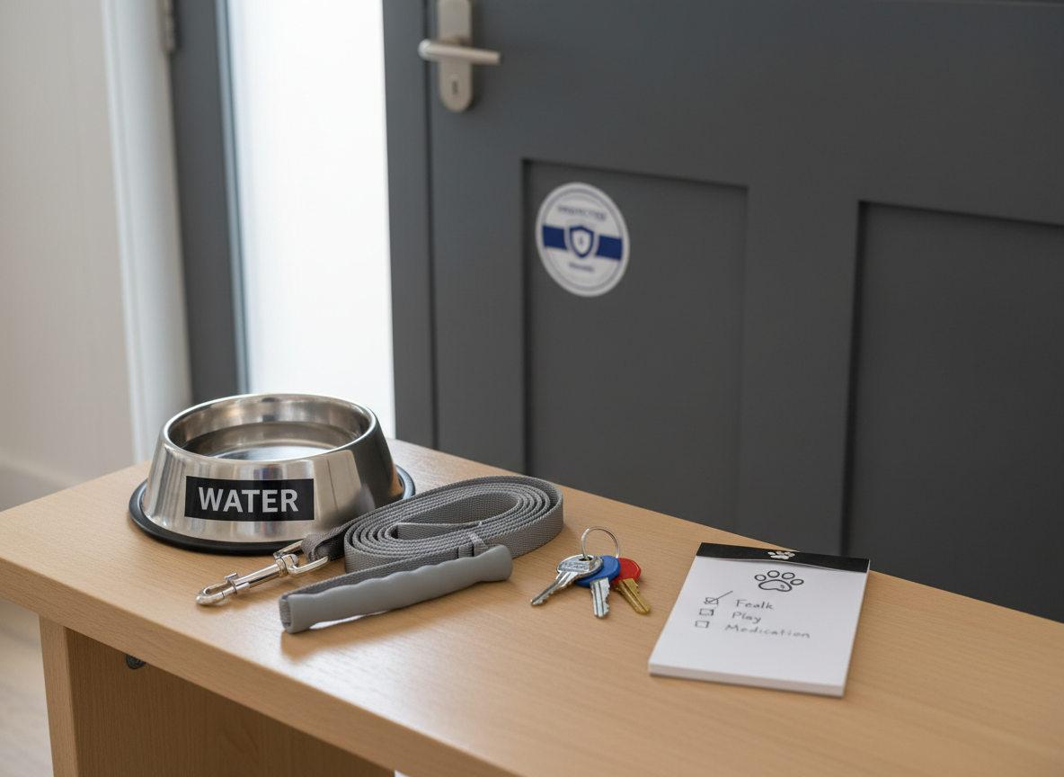 A small collection of pet care essentials neatly arranged on a clean, light wood entryway bench: a labeled stainless steel water bowl with fresh water, a folded reflective leash, a set of color-coded house keys on a simple keyring, and a notepad with a paw-print logo and a neatly written checklist. Behind, a closed front door with a modern deadbolt and a visible security sticker suggests home safety. Natural diffused daylight from an unseen side window brightens the scene. Photographic realism, shot from a slightly elevated angle with balanced, sharp focus, creates a calm, organized, professional mood that communicates reliability and attention to detail for in-home pet visits.