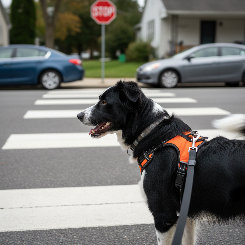 A cheerful, medium-sized dog with a glossy black and white coat pausing at a crosswalk on a quiet residential street, standing just behind a clearly painted white line. The dog’s reflective collar and bright orange harness are in crisp focus, with a neatly coiled leash leading out of frame. Behind, a stop sign and parked cars line the curb, slightly softened. Overcast daylight creates smooth, even lighting with minimal harsh shadows, highlighting safety gear and street markings. Photographic realism, captured from a low, side angle with the dog in the foreground and the crosswalk stretching ahead, emphasizes safe, attentive neighborhood walking practices and a professional, cautious mood.
