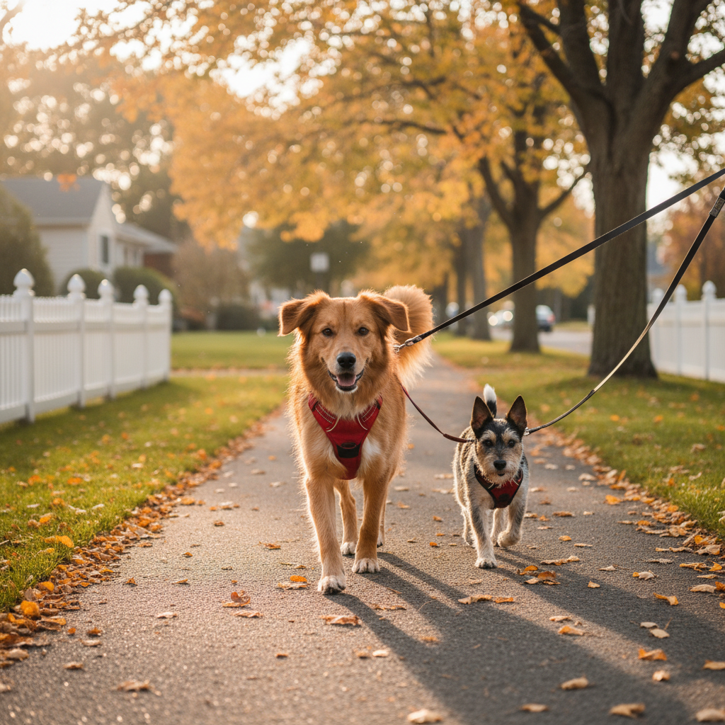 A medium-sized mixed breed dog wearing a bright red harness, walking confidently along a tree-lined suburban path bordered by tidy lawns and low wooden fences. A second dog, a small black and white terrier, is a few paces ahead, both attached to separate leashes that extend slightly out of frame to imply individual attention. Fallen leaves and a clearly marked sidewalk add texture and context. Golden hour sunlight filters through the trees, creating warm highlights on the dogs’ coats and gentle bokeh in the background. Photographic realism with a slightly low, forward-facing angle captures the motion of their paws mid-step, conveying energy, safety, and the value of solo yet coordinated neighborhood walks.