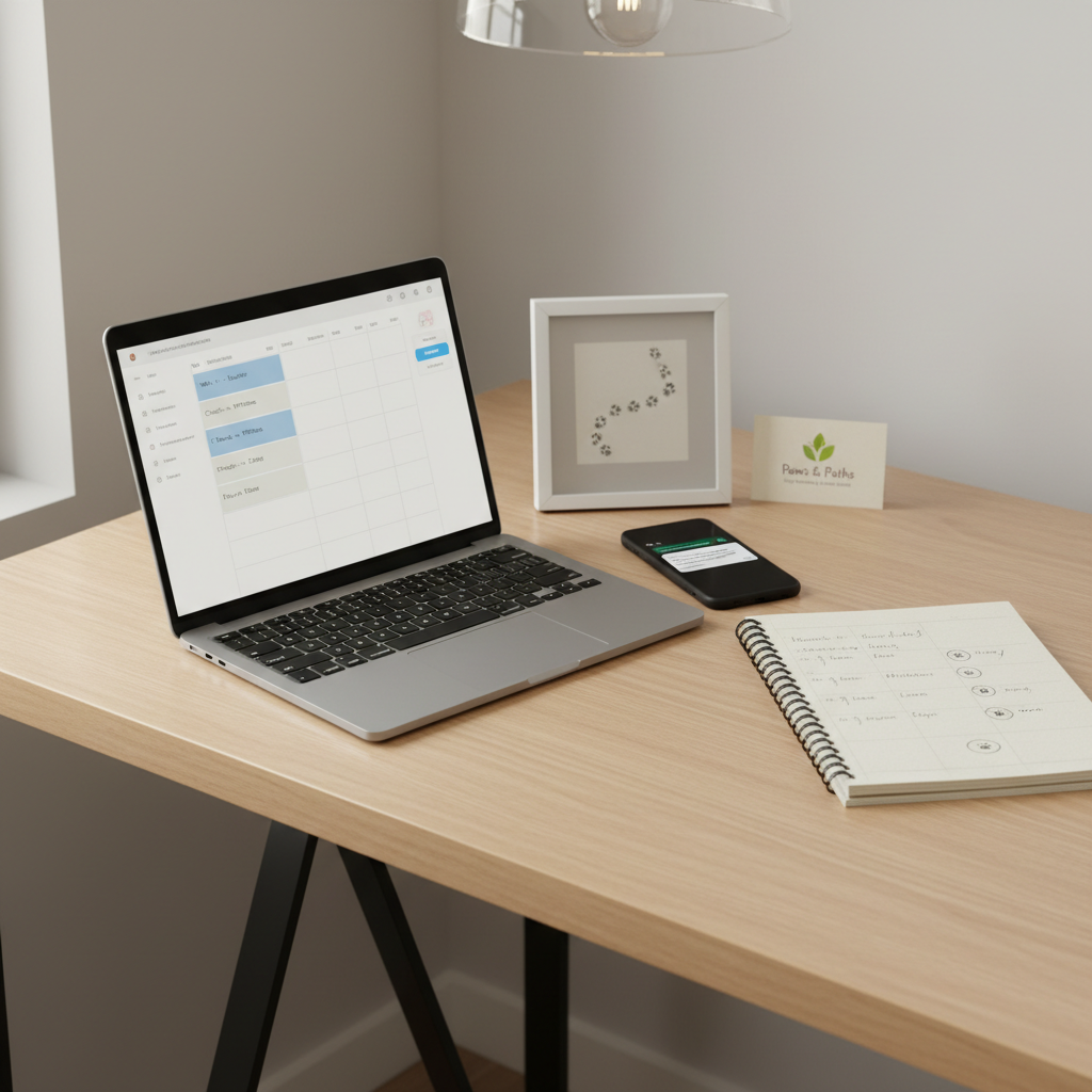 An organized home office corner used for scheduling pet visits: a sleek laptop open to a simple calendar screen, a spiral notebook with hand-drawn paw icons marking appointment times, and a smartphone showing text reminders, all resting on a light oak desk. Beside them, a small framed print of a dog paw trail and a subtle branded business card for Paws & Paths add identity. Soft overhead lighting combines with faint window daylight from the side, creating even, neutral illumination. Photographic realism, shot from a slightly elevated, three-quarter view with sharp focus throughout, gives a clean, modern, professional impression of efficient booking and reliable communication for dog walking and home check services.